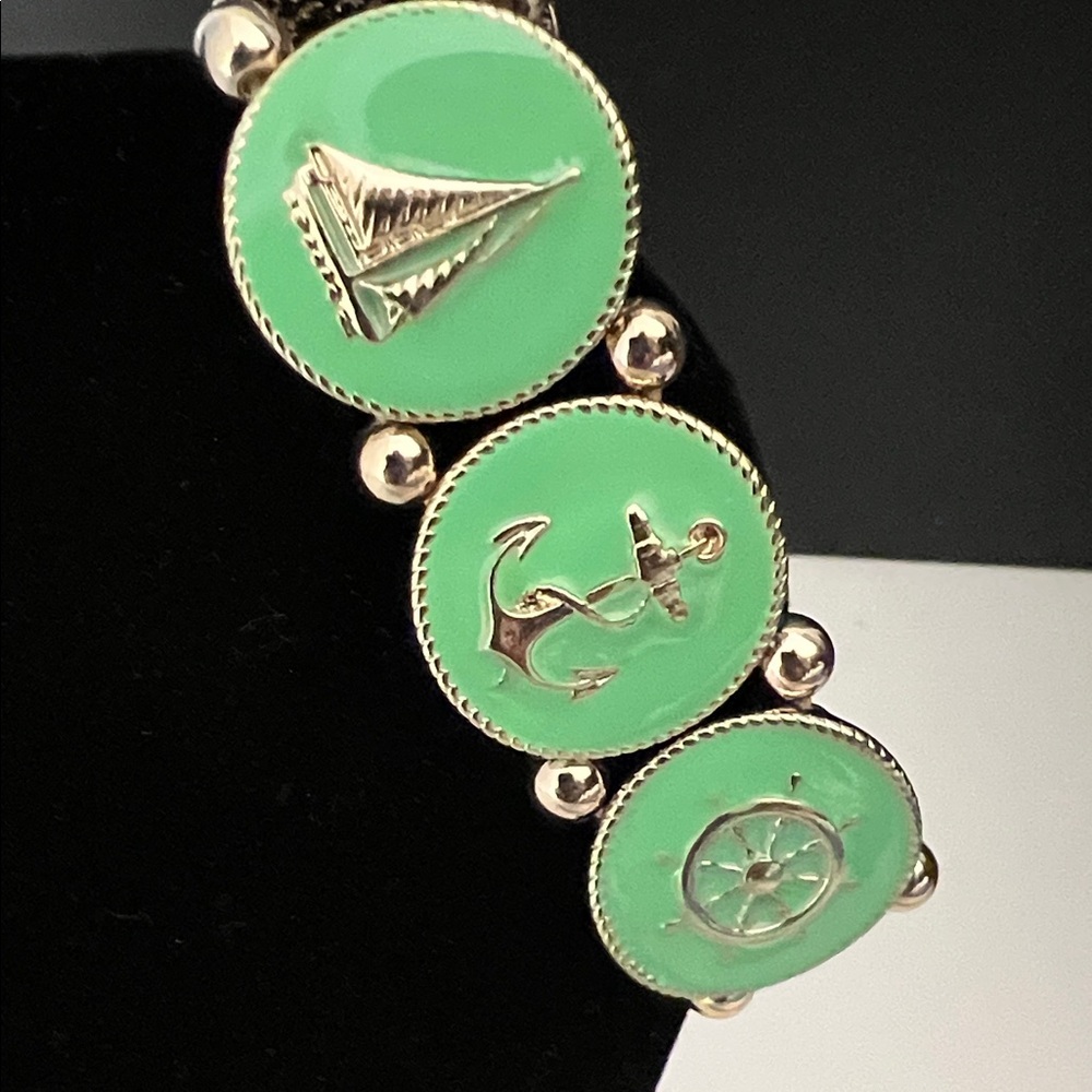 Vintage Mint Green Enamel Gold Toned  Nautical‎ Themed Stretch Bracelet Banglea